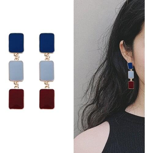 Contrast Rectangle Clip On Earrings Non Pierced for Women Metal Enamel Blue Grey Square Ears Clip No Ears Hole Earriings