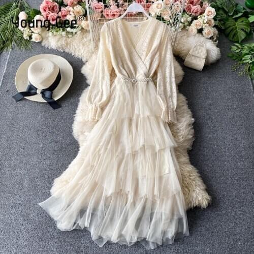 YoungGee elegant women midi dress long flare sleeve lace flower embroidery celebrity party pearls belt irregular dresses Vestido