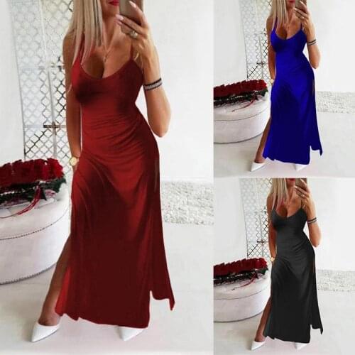 Womens 2021 Summer New Urban Casual Breathable Dress, Elegant Pure Color Robe Femme , Slim Sexy V-neck Sling Split Dresses 3xl