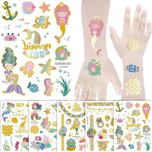 1Pc Mermaid Glitter Bronzing Cartoon Childrens Body Temporary Tattoos For Kids Mermaid Theme Birthday Party Decoration Supplies