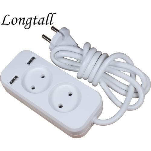 2019 new design 2 socket European 5V 2A USB extension socket with 1.5m CCA cable LE-02-1.5 White color