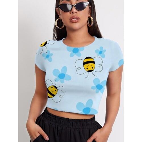 3d Tshirt Bee T shirt Women Animal Navel Bare Lovely T-shirts 3d Flower Tshirt Printed Short Sleeve T shirts Printed Slim Tops