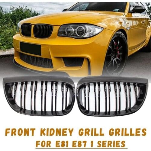 AU05 -Front Kidney Double Line Grille Sport Grill Replacement For-BMW E81 E87 E88 1 Series 2004-2007 GLOSS BLACK