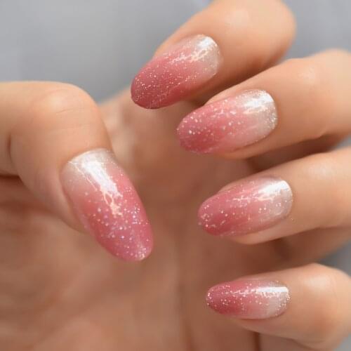 Shiny Glitter Ombre Pink Gradient French Press on Fake Nail Tips Round Medium Length Full Cover faux ongles Wearable Fake Nails