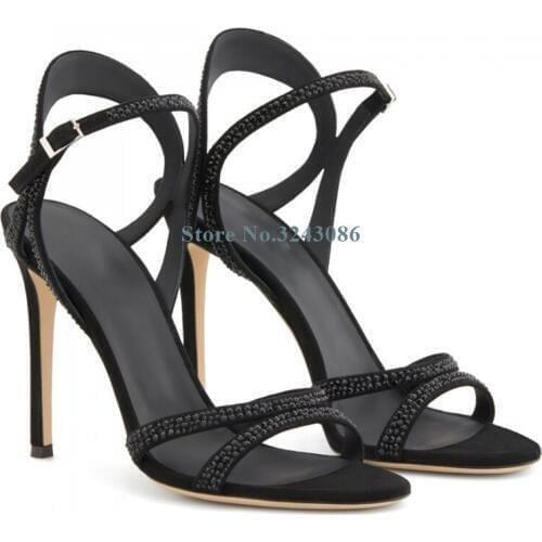 Bling Bling Crystal Black Faux Suede Thin High Heel Sandals Open Toe Buckle Strap Stiletto Heel Sandals Elegant Banquet Shoes