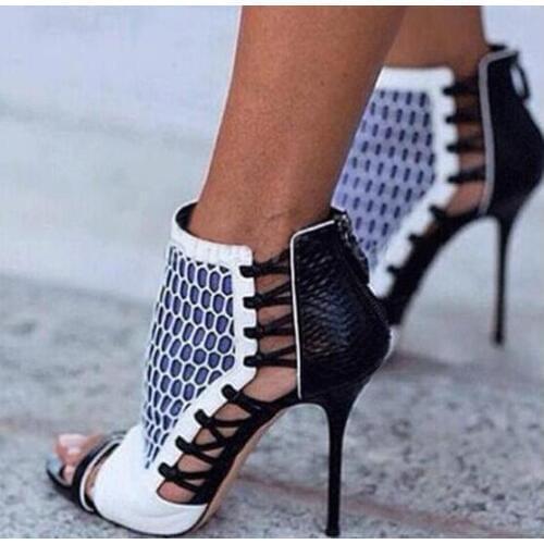 Mixed Colors Mesh Leather Women Open Toe Ankle Boots Sexy Lace Up Side Ladies High Heel Boots Zipper Back Fashion Dress Shoes