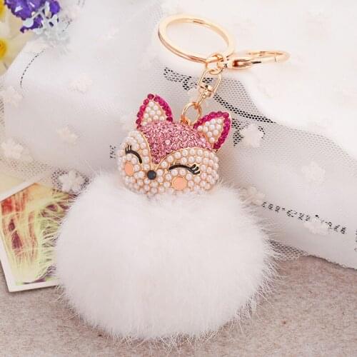 Charms Rhinestone-Crystal Fox Rabbit-fur-ball-pompom Keychain Women Animal Trinkets Bags Car Key Chain ring Llaveros Jewelry