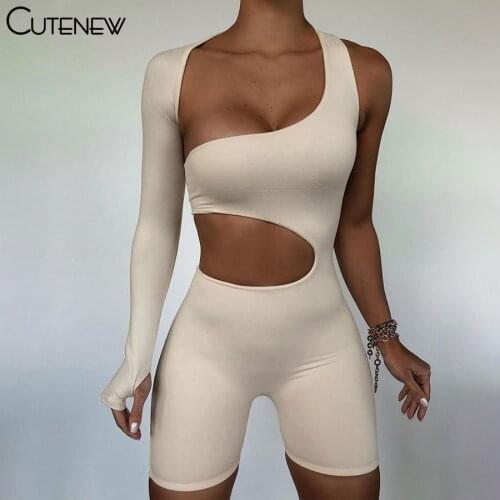 Cutenew Casual Sports Hollow Out Skinny Fitness Shorts Jumpsuit Women Fashion Asymmetry Long Sleeve Workout Slim Soft Jumpsuits