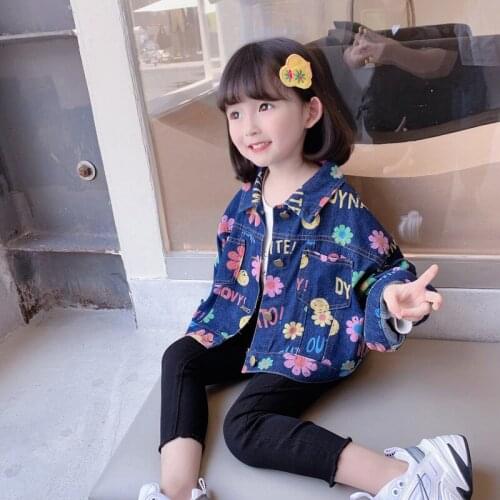 Childrens denim jacket girls flower jacket spring and autumn fashion childrens childrens outerwear lapel western style jacket