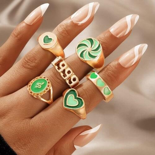 Docona 6pcs/set INS New Trendy Heart Colorful Rings for Women Enamel Drop Oil Year Number Metal Ring Set Jewelry Anillos 19841
