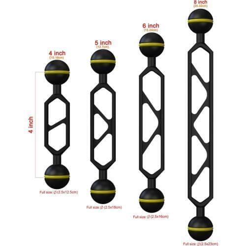 Double 1" Ball Full Aluminum Arm Ver. X for Connecting Strobe/Video Light to Underwater Tray/Handle