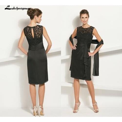 Elegant Black Mother of The Bride Dress 2021 Knee Length Boat Neckline Satin Party Dress mae da noiva plus s