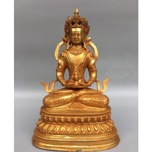 9"Chinese Folk Collection Old Bronze Gilt Longevity Buddha Statue Sitting Buddha Ornaments Town House Exorcism