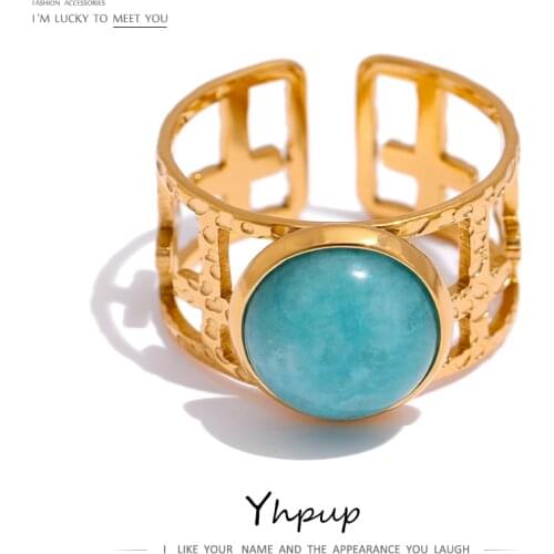Yhpup 316L Stainless Steel Trendy Ring Simple Gold Metal Blue Stone Opening Ring for Women кольцо женское Wedding Gift Jewelry