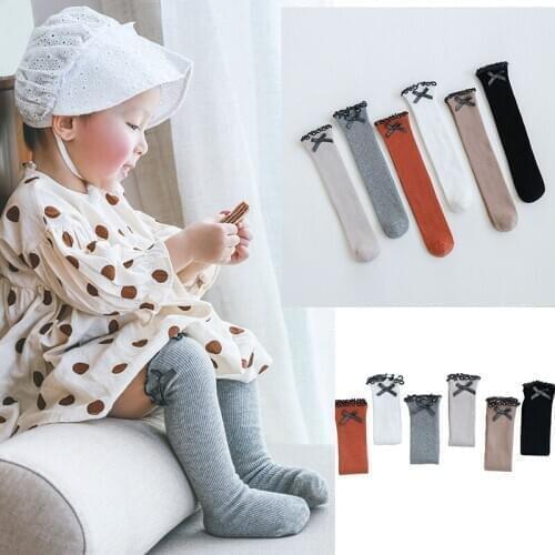 Lace Baby Solid Color Over The Knee Stockings Coded Bow Newborn Baby Stockings Soft Children Piled Cotton Socks
