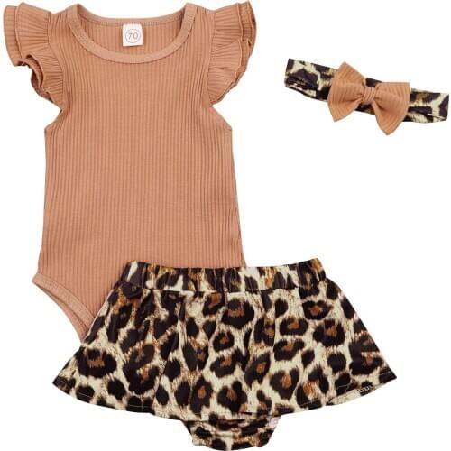 2021 Fashion Infant Baby Girl Clothing Set Flower Print Sleeveless Ribbed Romper + Leopard Printed Pattern Culottes + Headdress