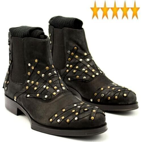 Ankle 2021 Top Winter High Men Beading Riveted Strip Patched Chelsea Boots Slip On Punk Genuine Leather Motorcycle Shoes