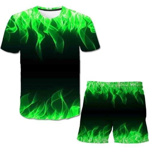 2021 new summer whirlpool The green flame 3D Print Men/Women Shorts + T shirt Suit sets men/women clothing swim shorts male