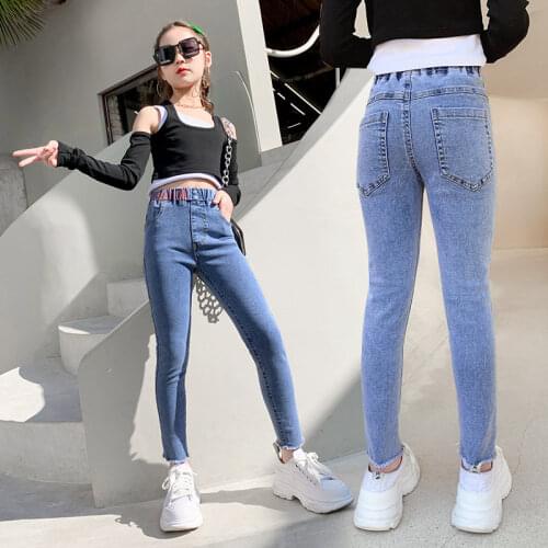 Skinny Fit Childrens Jeans 4 5 6 7 8 9 10 12 14Years Teenager Slim Jeans Korean Solid Color Denim Pencil Pants Student Girls
