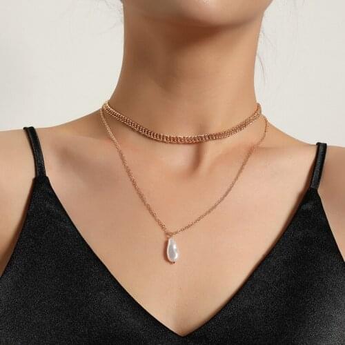 Trending Elegant Irregular Pearl Pendant Necklace for Women Double Layers Thick Chains Geometric Clavicle Necklace Jewelry Gift