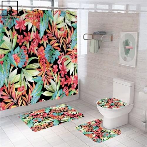 Summer Colorful Plant Flower Print Bathroom Curtain Polyester Shower Curtains 12 Hooks Anti-slip Bath Mat Set Toilet Accessories