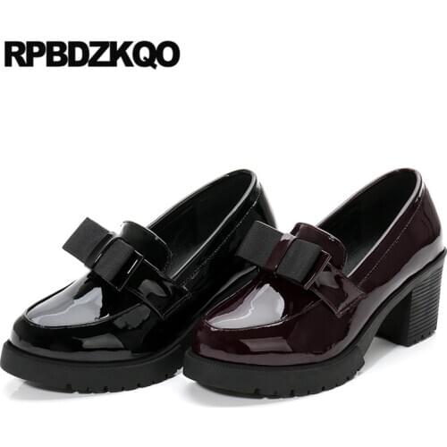 Cute bow chunky 2019 high heels platform shoes women round toe footwear black pumps block wine red 3 inch patent leather size 33