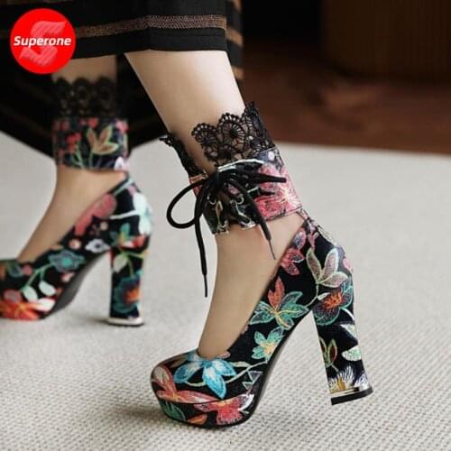 Superone Size 34-43 Women Pumps Fashion Platform Lace Flowers High Heel Shoes Woman Spring Daily Office Lady Party Footwear