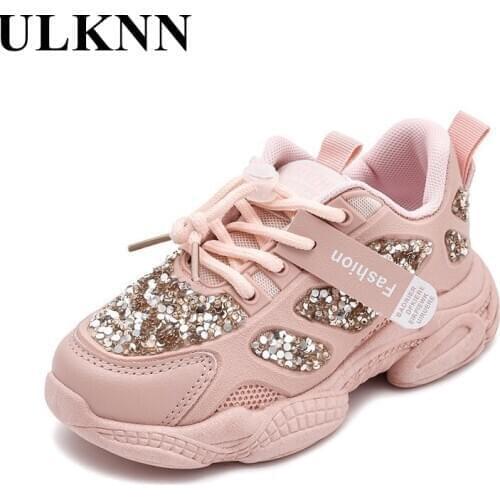 ULKNN Girls Spring Sports Shoes 2021 New Childrens Pink Shoes Kids Casual Shoes Sequined White Shoes Size 26-37