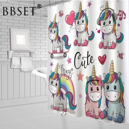 Unicorn Shower Curtain Cute Magic Unicorns Cartoon Pattern Waterproof Multi-size Douchegordijn Kids Bathroom Decor with 12 Hooks