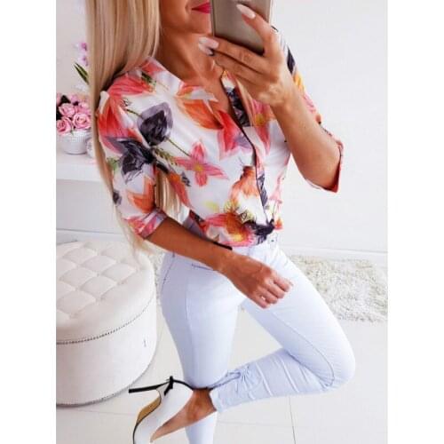Made in China Women Long 3/4 Sleeve Loose Tops T Shirt OL Ladies Plain Casual Button Blouse*US