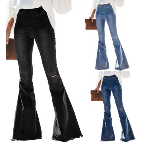 Women Flared Jeans with Broken Holes, Solid Color Elastic High Waist Trousers, Blue/ Black/ Dark Blue