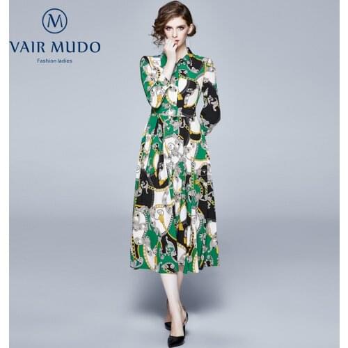 Trendy Womens Dress Summer Spring Lapel Collar Green Printed Long Sleeve Pleated Large Swing Dress Elegant Dress EuropeY-186