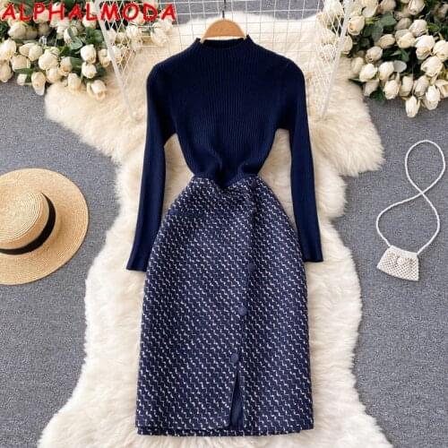 ALPHALMODA Knitted Sweater Patchwork Tweed Dress Irregular Split Waist Button Details Women Elegant Autumn Winder Dress
