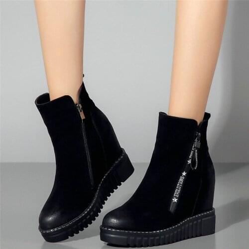 Winter Warm Shoes Women Genuine Leather Wedges High Heel Motorcycle Boots Female Round Toe Platform Oxfords Shoes Casual Shoes