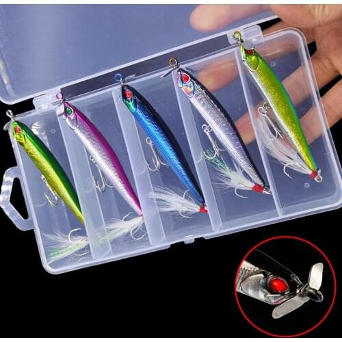 5Pcs Black Minnow Kit Rotate Sequin Spinner Bait Splashing Wobblers with Box Stickbait Fishing Lures Popper Hard Bait Crankbaits