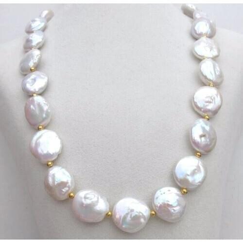 AAA++ 17-18mm south sea white coin pearl necklace 18" 925silver GOLD CLASP