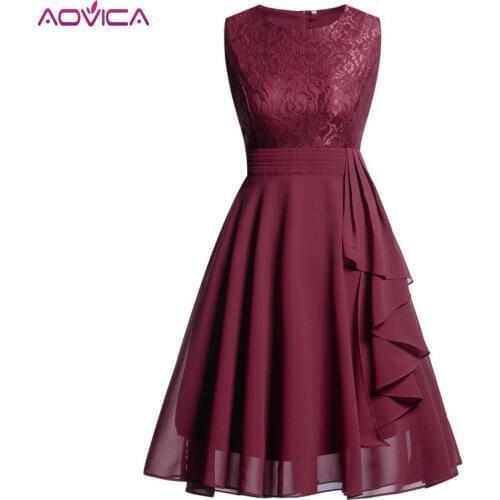 Aovica Women Vintage Sleeveless Ruffles Belt Floral Lace Bridesmaid Chiffon Dress Wedding Party Dresses Vestidos Robe Femme