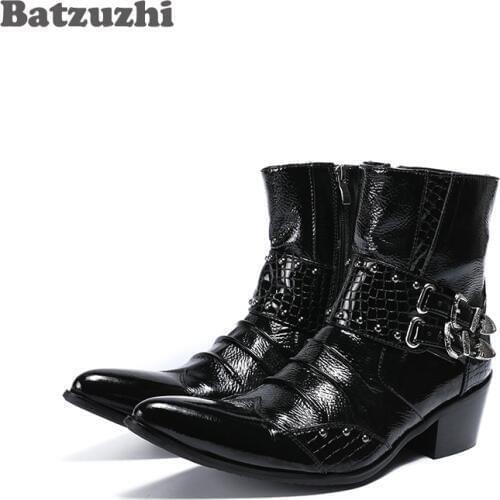 Batzuzhi Handmade Rock Men Boots Ankle Pointed Toe Black Genuine Leather Boots Men with Buckles 6.5cm Heels Military Shory Boots