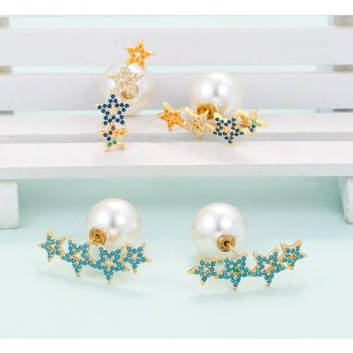 EYIKA Fashion Gold Silver Color Gypsophila Pearl Stud Earring for Women Creative Design Mix Color Zircon Multiple Stars Earrings