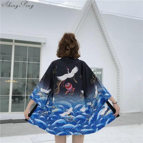 Japanese Yukata Kimono Summer 2020 Top Japan Red-Crowned Crane Haori Kimono Japones Harajuku Kimono Boho Yukata Wome V1861