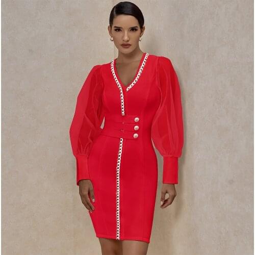Red Bandage Sexy Embellished Mesh Long Sleeve Bodycon Bandage Dress 2021 New Arrivals V Neck Runway Night Club Party Dresses
