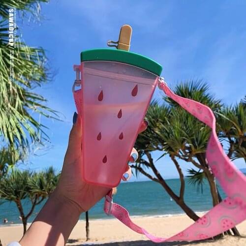 Summer Plastic Straw Water Cup Watermelon Popsicle Water Cup Lovely Fruit Cup Children Portable Carrying Cup Cute Water Bottle