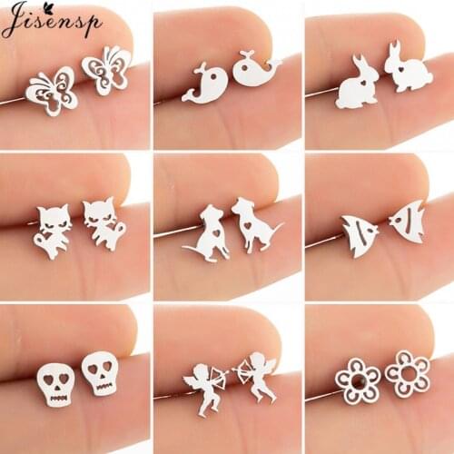 Small Cute Animal Stud Earrings for Women Kids Stainless Steel Geometric Skull Rabbit Flower Earings Jewelry Accessories Gift