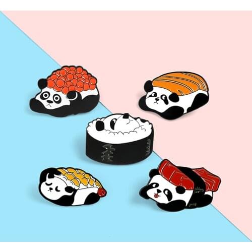 Cartoon Cute Animals Panda Enamel Brooch Fun Food Sushi Salmon Alloy Pins Badge Punk Accessories Woman Jewelry Gift