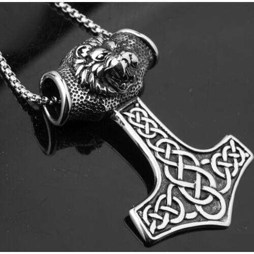 New Polished Mens Boys Jewelry Stainless Steel Silver Color Viking Mjolnir Rune Thor Hammer Box Chain Lion Head Pendant Necklace