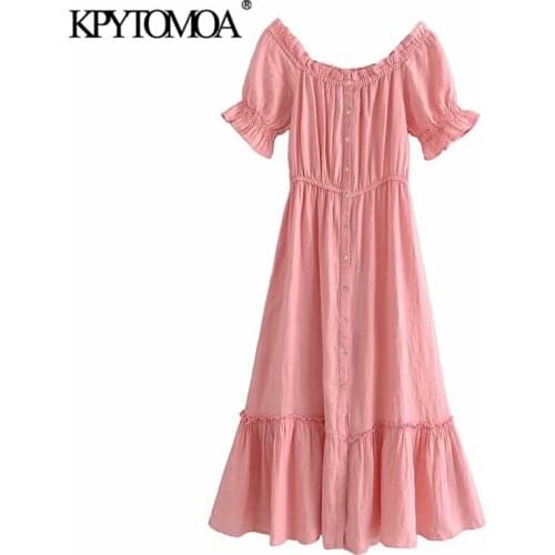 KPYTOMOA Women 2021 Fashion Ruffled Trims Button-up Linen Midi Dress Vintage Elastic Neck Short Sleeve Formal Dresses Vestidos