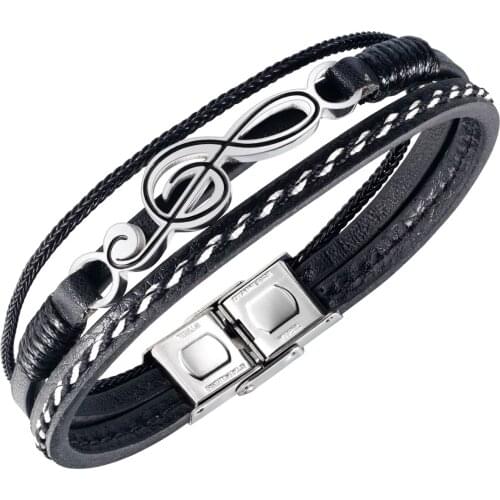 Cyue European Men Boy Braided Multi-layer Leather Bracelet Musical Guitar Charm Stainless Steel Button Wristband ZYLB0180