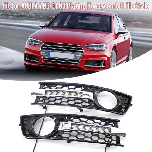 Car Front Bumper Fog Light Grilles with Led Turn Signal L & R Mesh Fit for AUDI A4 B6 01-05 Plating Car Accessories