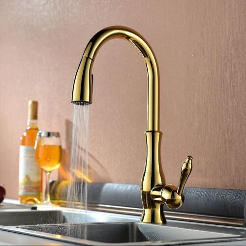 Luxury High Quality Gold Pull Out Sprayer Kitchen Bar Sink Faucet Hand Held Sprayer Mixer, Solid Brass-6214
