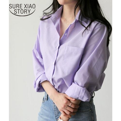 Purple Women Shirts POLO Collar Long Sleeve Blouse and Tops Striped Pocket Female Ladies Shirts Blusas Mujer De Moda 7307 50